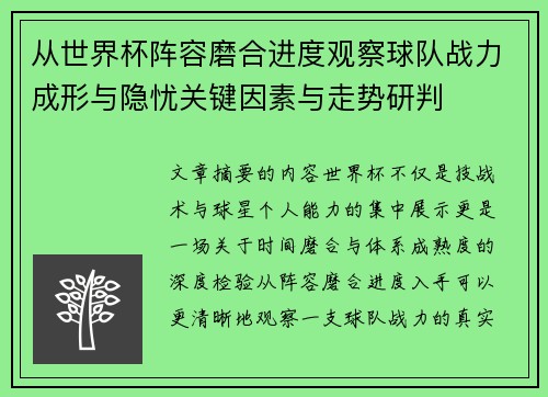 从世界杯阵容磨合进度观察球队战力成形与隐忧关键因素与走势研判