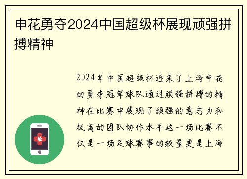 申花勇夺2024中国超级杯展现顽强拼搏精神